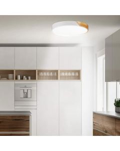 Relaxdays Ceiling Lamp 24W LED Hallway Round Wood Metal Lighting Fixture White 5cm H x 40cm W x 40cm D