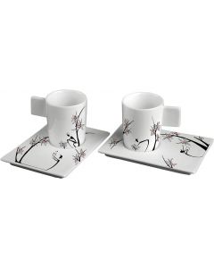 Deagourmet Origini Collection Set of 2 Cups and 2 Saucers, Hand-Decorated Porcelain, White
