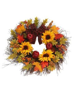 Livingandhome Prelit Autumn Wreath with Artificial Maple Leaves and Sunflowers Orange 45cm