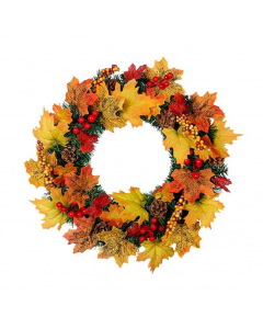 House Additions Lighted Autumn Wreath with Leaves and Berries Yellow Orange 40cm  