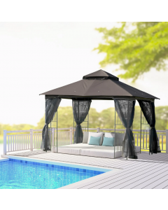 Outsunny 3 x 3m Outdoor Garden Gazebo with Mesh Curtains Display Shelves Coffee Brown
