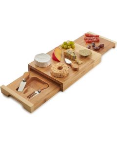 VonShef Natural Bamboo Cheese Board Square Serving Tray with Two Pull Out Drawers
