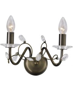 Diyas Lighting Willow 2 Wall Candle Style Light Antique Brass Crystal 17cm H x 32cm W x 21cm D