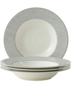 UMI Soup Bowl Pasta Plates Set of 4 Silvering Banding Porcelain White  