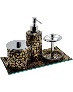 Febland Mosaic Bath Set, Cosmetics Container, Tray, Tooth Brush Soap, Gold Glass