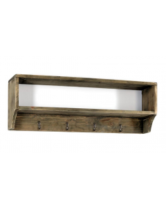 Geko Wooden Wall Shelf with 4 Hooks, Natural Wood Finish