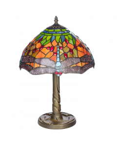 K LIVING 12" Mitcham Tiffany Table Lamp Stained Glass Shade Dragon Fly Antique Brass  