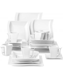 MALACASA Flora 30 Piece Wave Shaped Porcelain Dinnerware Set Ivory White Service for 6  