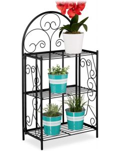 Relaxdays Plant Stand Foldable Flower Rack with 3 Shelves Metal Black   