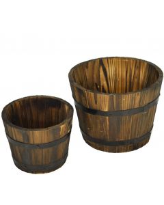 Watsons Solid Wood Garden Barrel Planter Pots Set of 2, Dark Wood