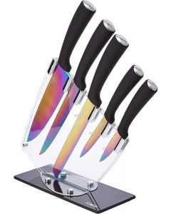 Tower Kitchen Knife Set with Acrylic Knife Block, Multi-Coloured Blades with Black Handles, 5-Piece 