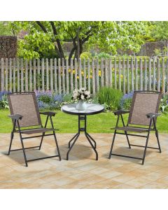 Outsunny 3 Piece Garden Patio Set 2 Seater Chair Portable and Round Table, Steel, Sling Fabric-Brown