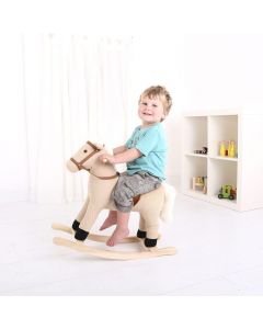 Bigjigs Kids Toys Plush Cord Rocking Horse Wooden Handles Soft Padded, Natural Beige H56cm.