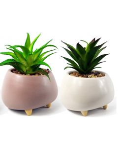 Leaf SET OF 2 Ceramic Pebble Planter with Artificial Succulent Plant Pink and White