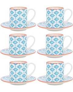 Nicola Spring Patterned Espresso Cup & Saucer Set 12 Piece Hand-Printed White Blue Orange 