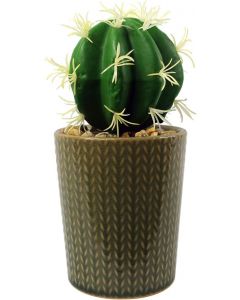 Leaf Artificial Cactus Ceramic Stripe Planter Decor Stone Green Grey 17cm H
