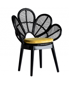 Vicalhome Black Lacquered Flower Shaped Wooden Rattan Armchair with Yellow Round Cushion