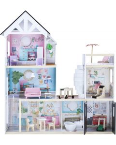 Teamson Kids Olivia's Little World Dreamland Mansion Wooden Dolls House 3-Floors with Lift and Garage Pink White  
