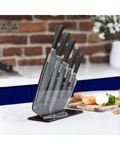 Tower Kitchen Knife Set 5 Piece with Acrylic Knife Block, Marble Effect with Black Handles