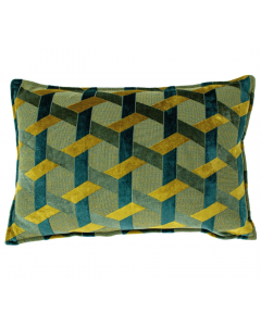 Riva Paoletti Delano Filled Cushion Velvet Jacquard Geometric Teal Blue Yellow 40 x 60 cm