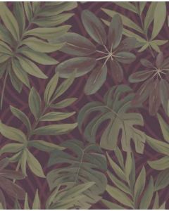 Fine Décor Moonlight Burgundy Green Tropical Leaf, 52cm x 10.05m