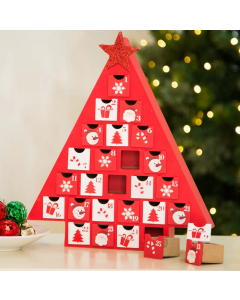 Glitzhome Handcrafted Wooden Christmas Tree Count Down Advent Calendar with Drawer Red