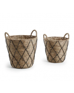 Hykkon Immokalee Wicker Basket Set of 2 Piece with Handles, Natural and Black