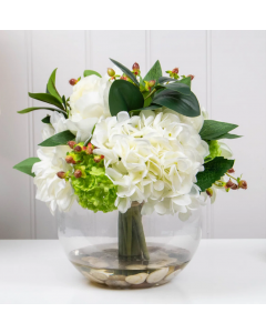 Tree Locate Artificial Hydrangeas and Peony in Glass Vase Arrangement Flowers Decor White Green  