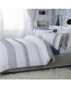 Belledorm White Embroidered Blue Silver Stripe Chatsworth 200 TC Percale Double Duvet Cover Set