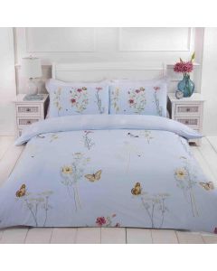My Home Laura Floral and Butterflies Reversible Duvet Cover Set Duck Egg Blue King 5FT