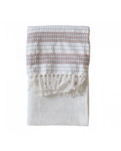 BOHEME Cotton EVA Blanket Throw Off-White Blush Pink and Grey Border Tassel Edging, 130cm x 170cm