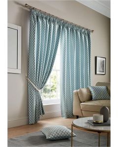 Cotswold Fully Lined Jacquard Geometric Pencil Pleat Taped Top Curtains Teal Blue 229 W x 183 D cm
