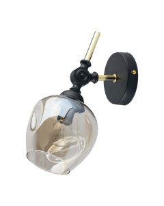 De Markt Megapolis Single Modern Wall Light Adjustable Head Champagne Globe Teak Glass Shade and Black Gold Fixture H29 x W13cm  