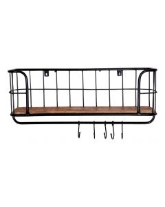 House Additions Wall Mounted Metal Wood Shelf with Hooks Black Brown