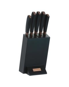 Viners Chocolate Block 5 Titanium Coated Kitchen Knives & Wooden Knife Holder Stainless Steel, Black and Brown 