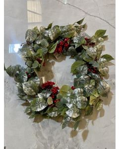 Heaven Sends Artificial Christmas Wreath with Frosted Leaves and Red Berry Green and Red    