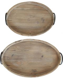 Creative Co-Op Round Decorative Wooden Trays Brow Oak with Metal Handles Black (Set of 2 Sizes)