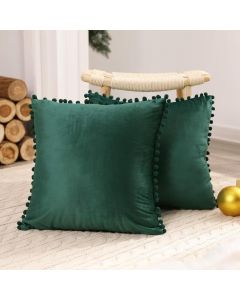 Deconovo Decorative Pom Pom Crushed Velvet Cushion Cover Forest Green Set of 2 50cmx50cm 