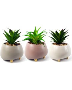 Leaf Decor Artificial Succulent Plants Ceramic Planters Grey, White and Pink 15cm 