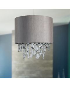 House Additions Drum Pendant Shade Non-Electric 26cmH with Droplet Crystals, Silver Grey